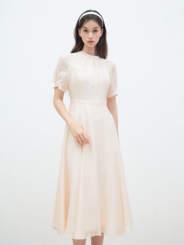 백 리본 퍼프 플레어 원피스 