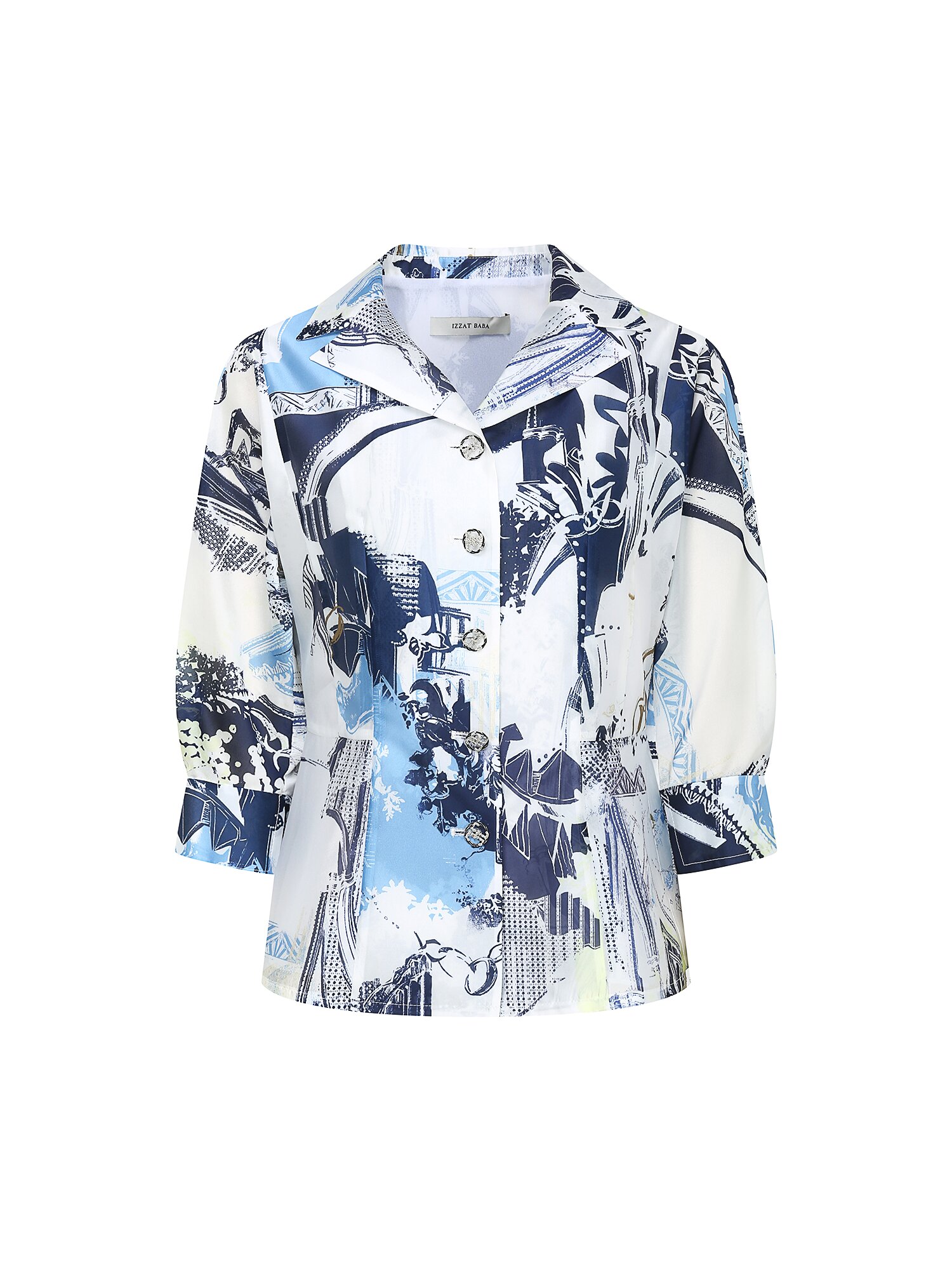 오픈 칼라 페플럼 블라우스 (PRINT NAVY)