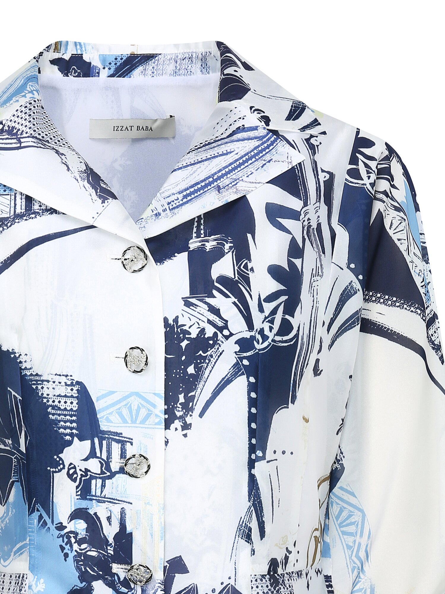 오픈 칼라 페플럼 블라우스 (PRINT NAVY)