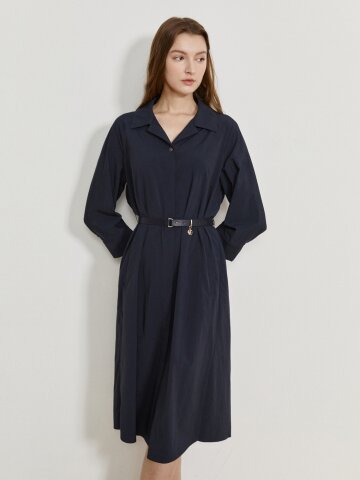 백 플리츠 오픈 칼라 셔츠 원피스 