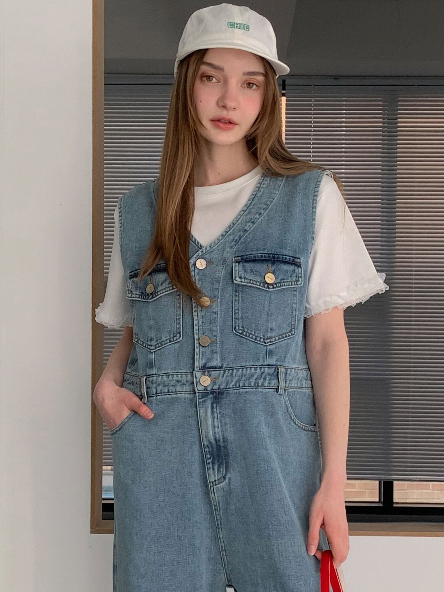 브이 데님 점프 수트 (2colors)