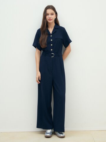 오픈 칼라 와이드 점프 수트 