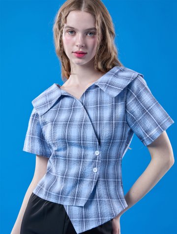 여름 휴양지 랩 오프숄더 체크 쿨링 슬림 반팔셔츠 [BLUE]