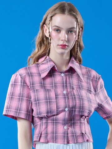 여름 휴양지 체크 쿨링 슬림 크롭 반팔셔츠 [PINK]