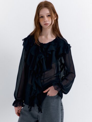 See-through Frill Blouse Black