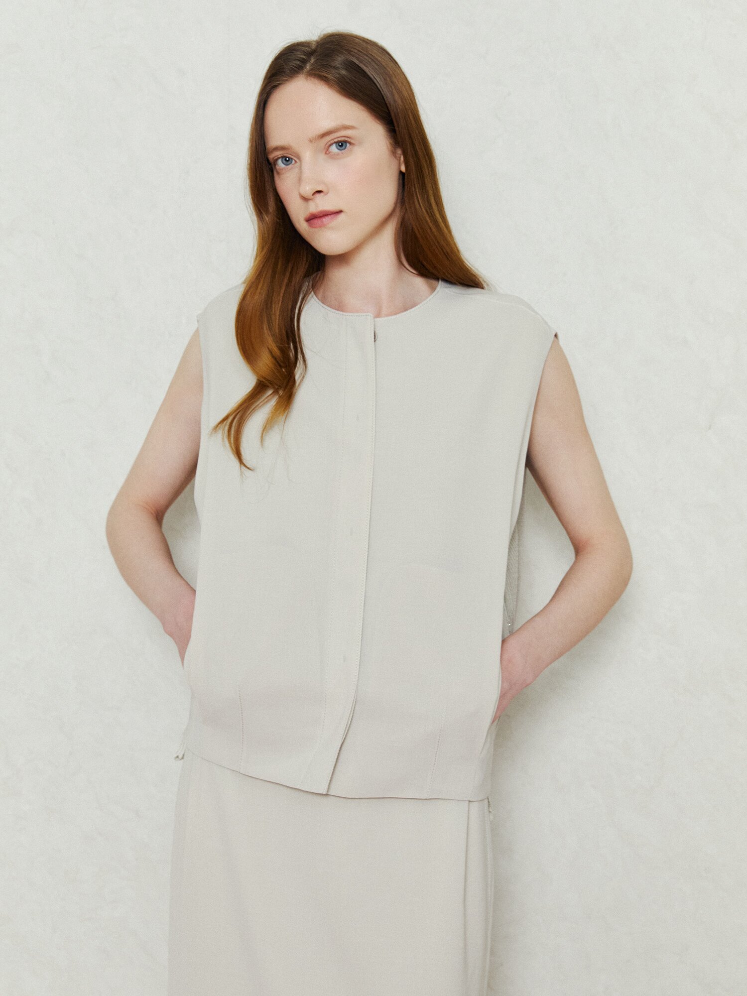 백 니트 배색 버튼 베스트 (LIGHT BEIGE)