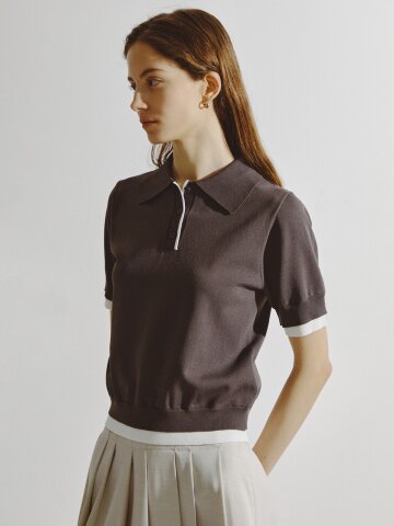 배색 버튼 칼라 풀오버 니트 