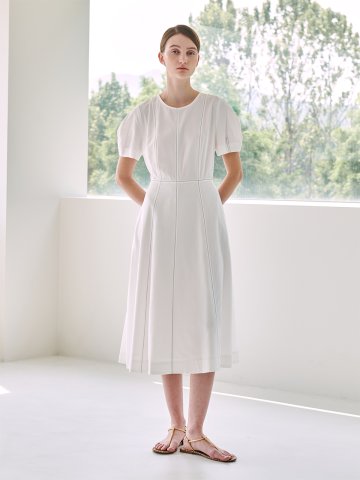 [바바단독판매]  벌룬 슬리브 스티치 플레어 드레스 - 화이트 / Balloon Sleeve Stitch Flare Dress-White