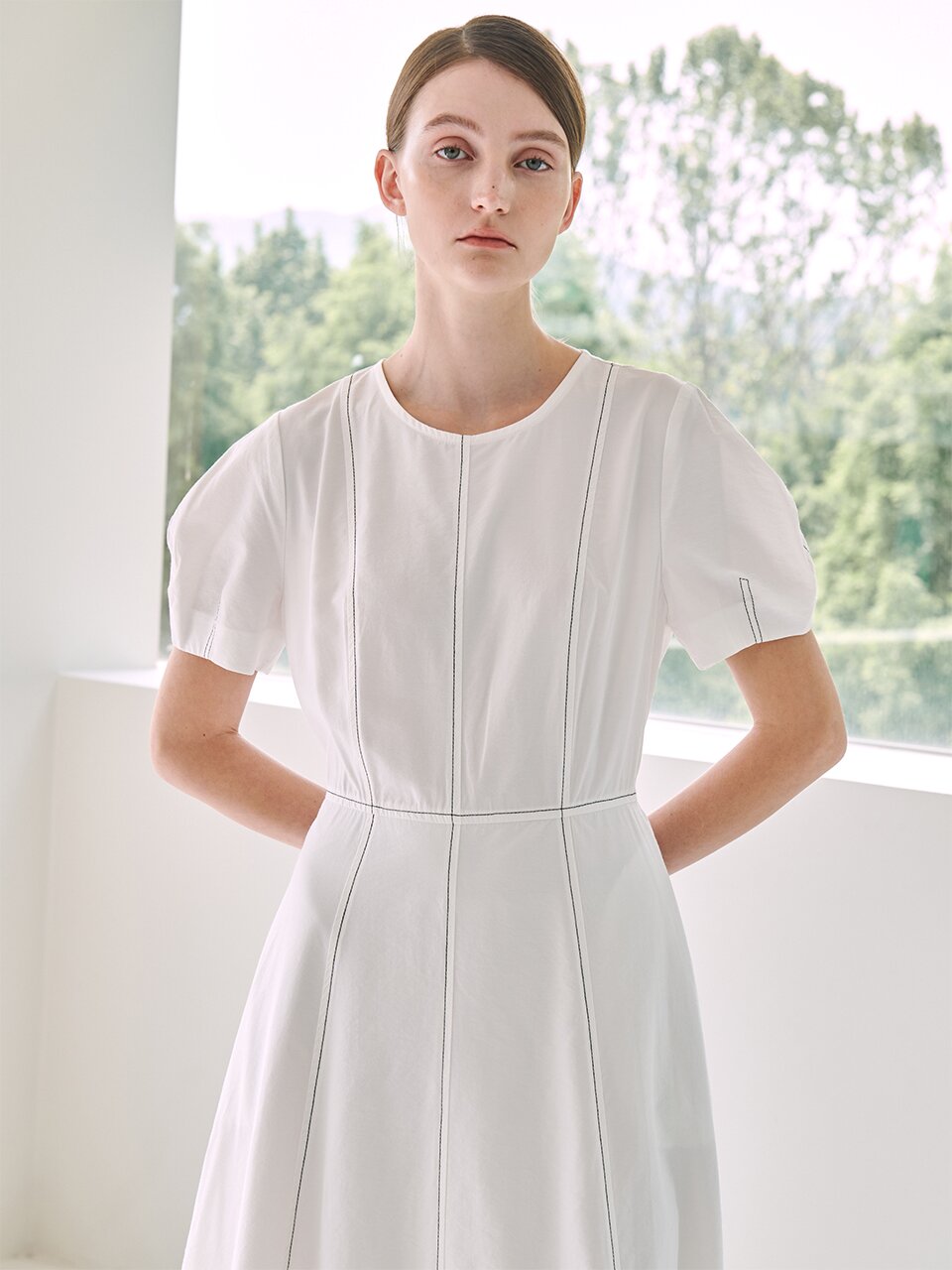 [바바단독판매] 벌룬 슬리브 스티치 플레어 드레스 - 화이트 / Balloon Sleeve Stitch Flare Dress-White