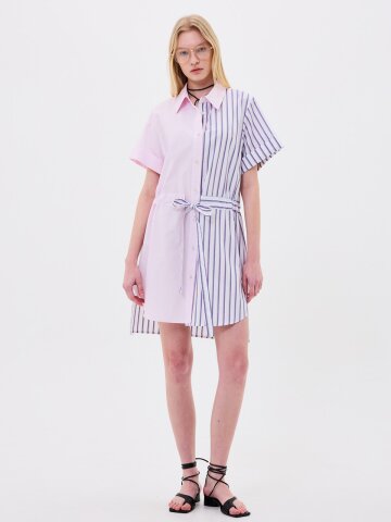 [분더가이스트] 셔츠카라 끈 스트라이프 배색원피스 핑크