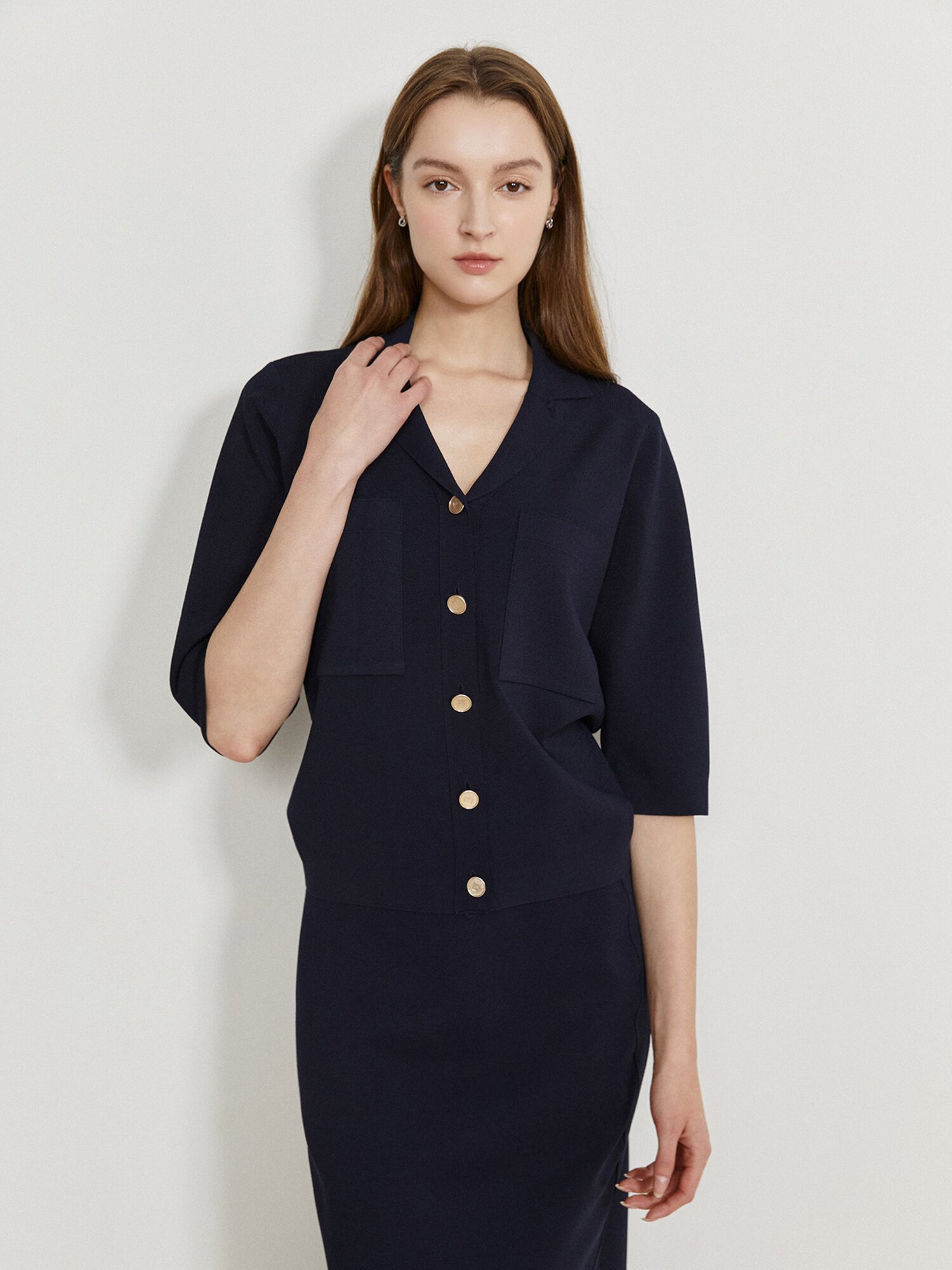 아웃 포켓 오픈 칼라 가디건 (NAVY)