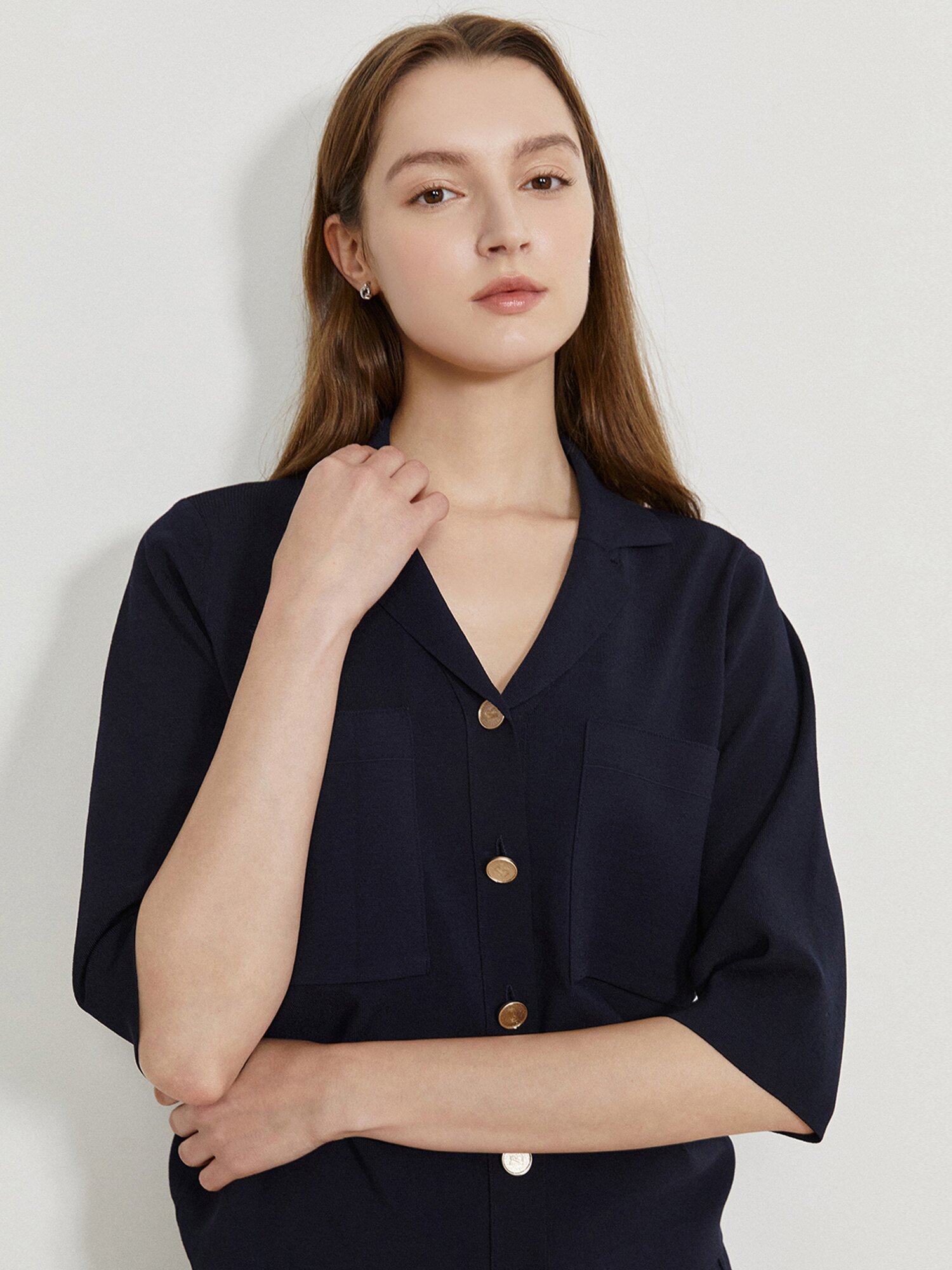 아웃 포켓 오픈 칼라 가디건 (NAVY)