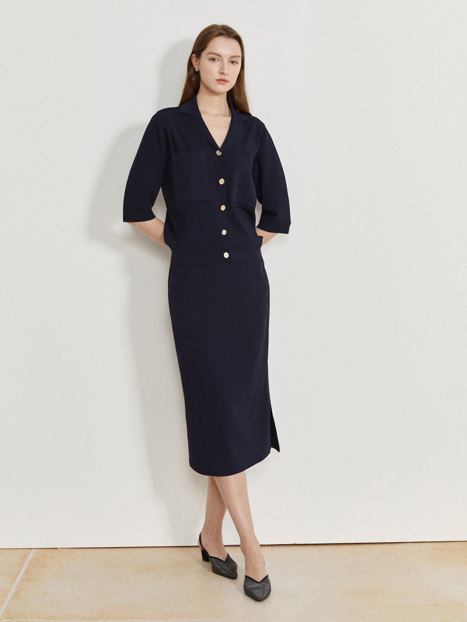 아웃 포켓 오픈 칼라 가디건 (NAVY)