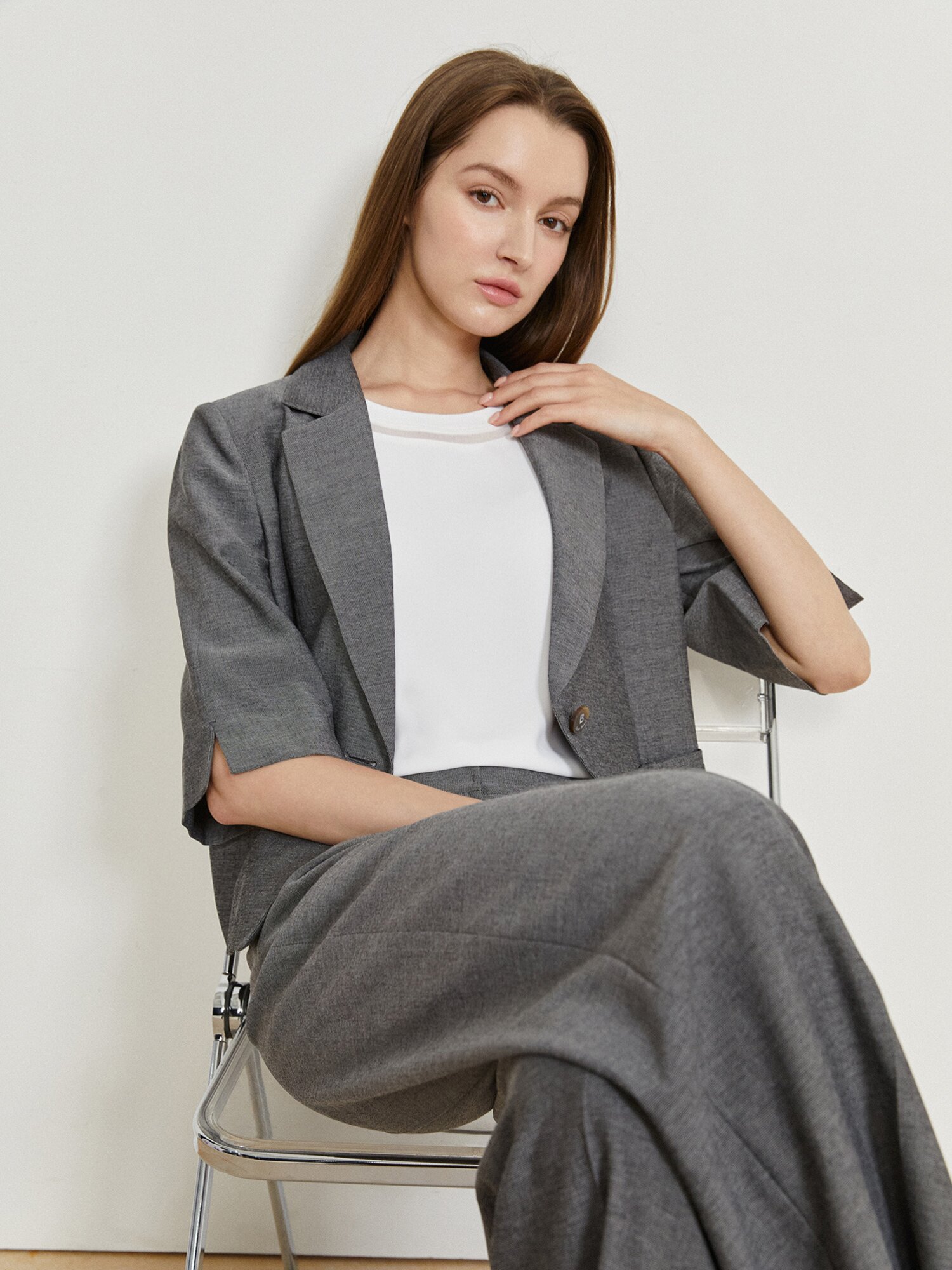 루즈핏 6부 슬리브 원버튼 재킷 (DARK GREY)