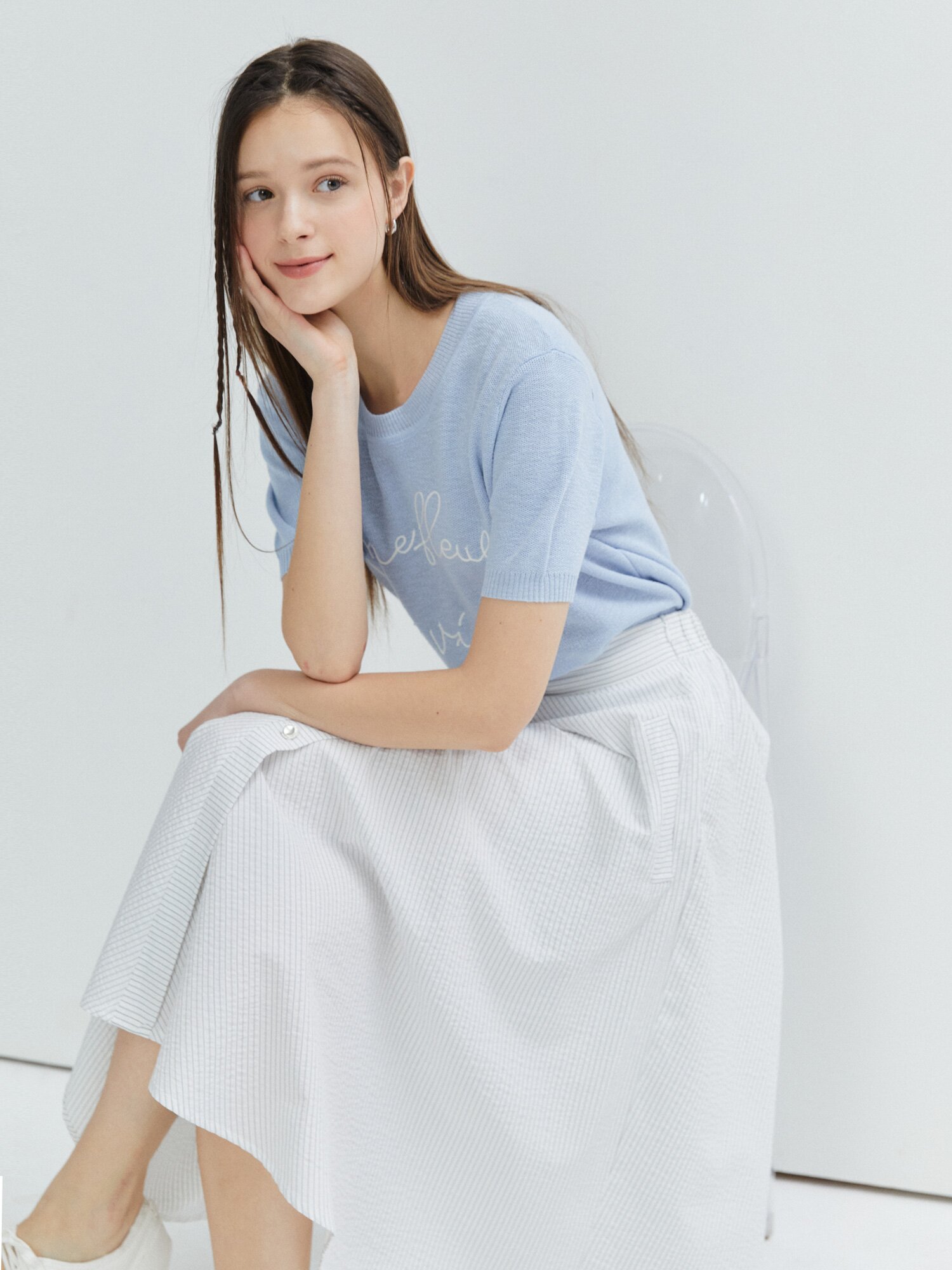 사선 버튼 장식 플레어 스커트 (WHITE)