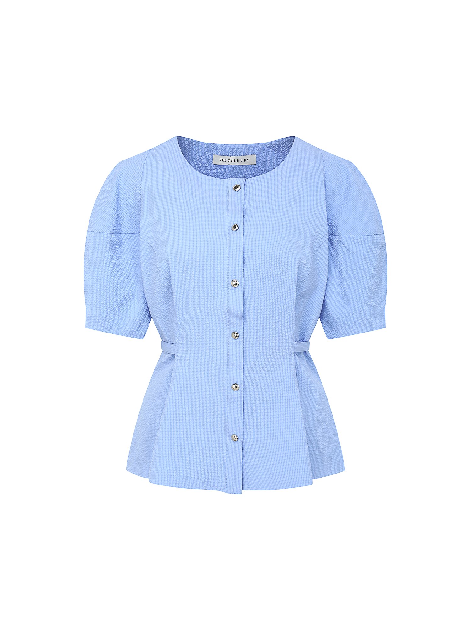 백 벨트 볼륨 슬리브 블라우스 (LIGHT BLUE)