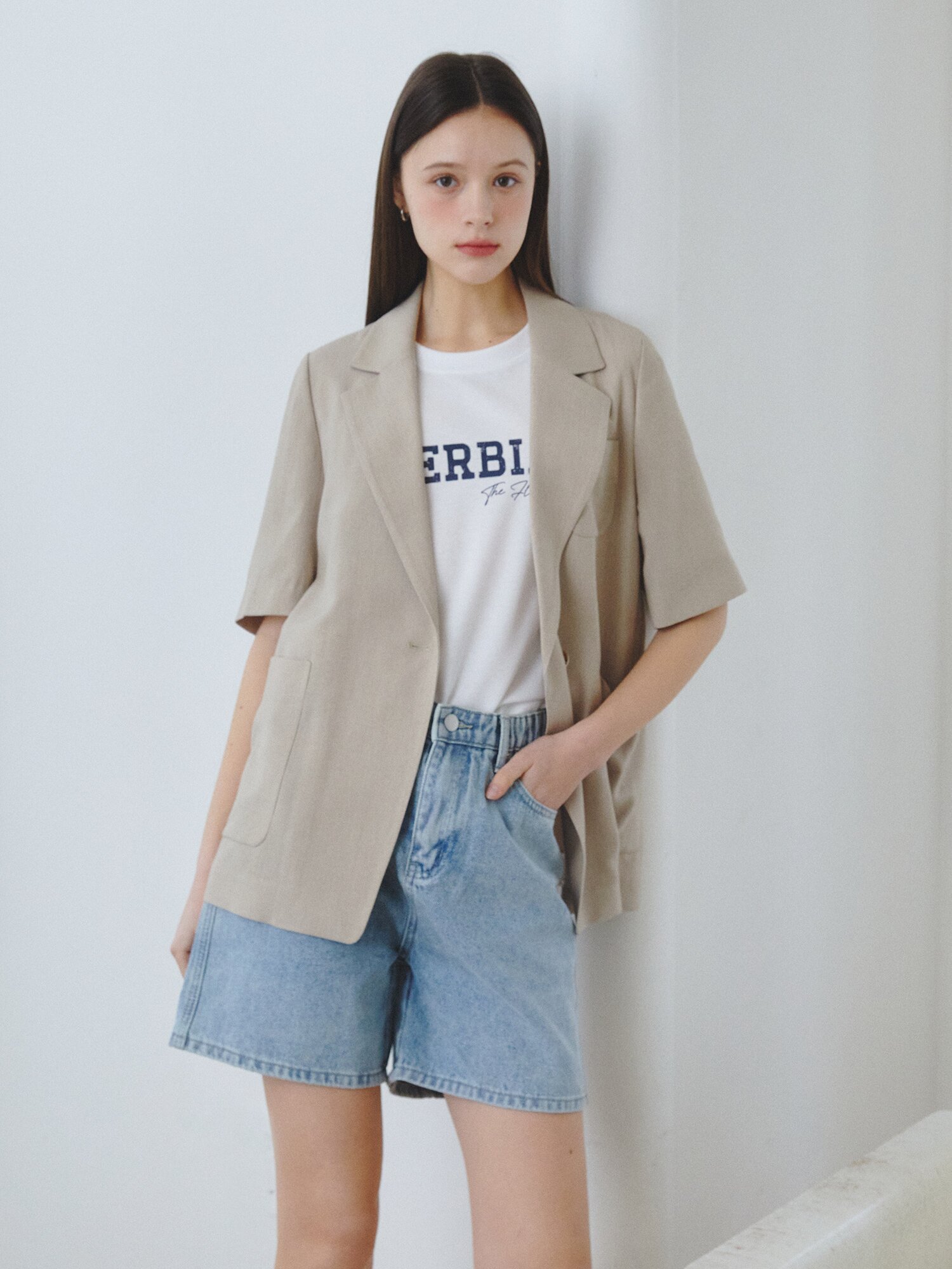 린넨 아웃 포켓 원버튼 재킷 (DARK BEIGE)