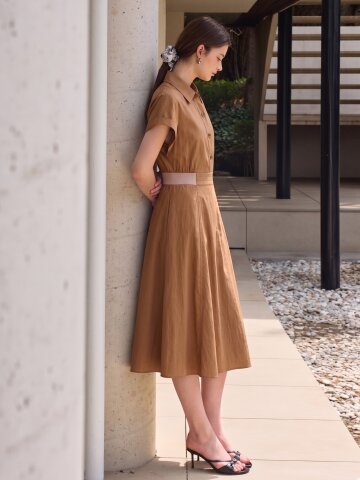 니트 배색 캡 슬리브 셔츠 원피스 