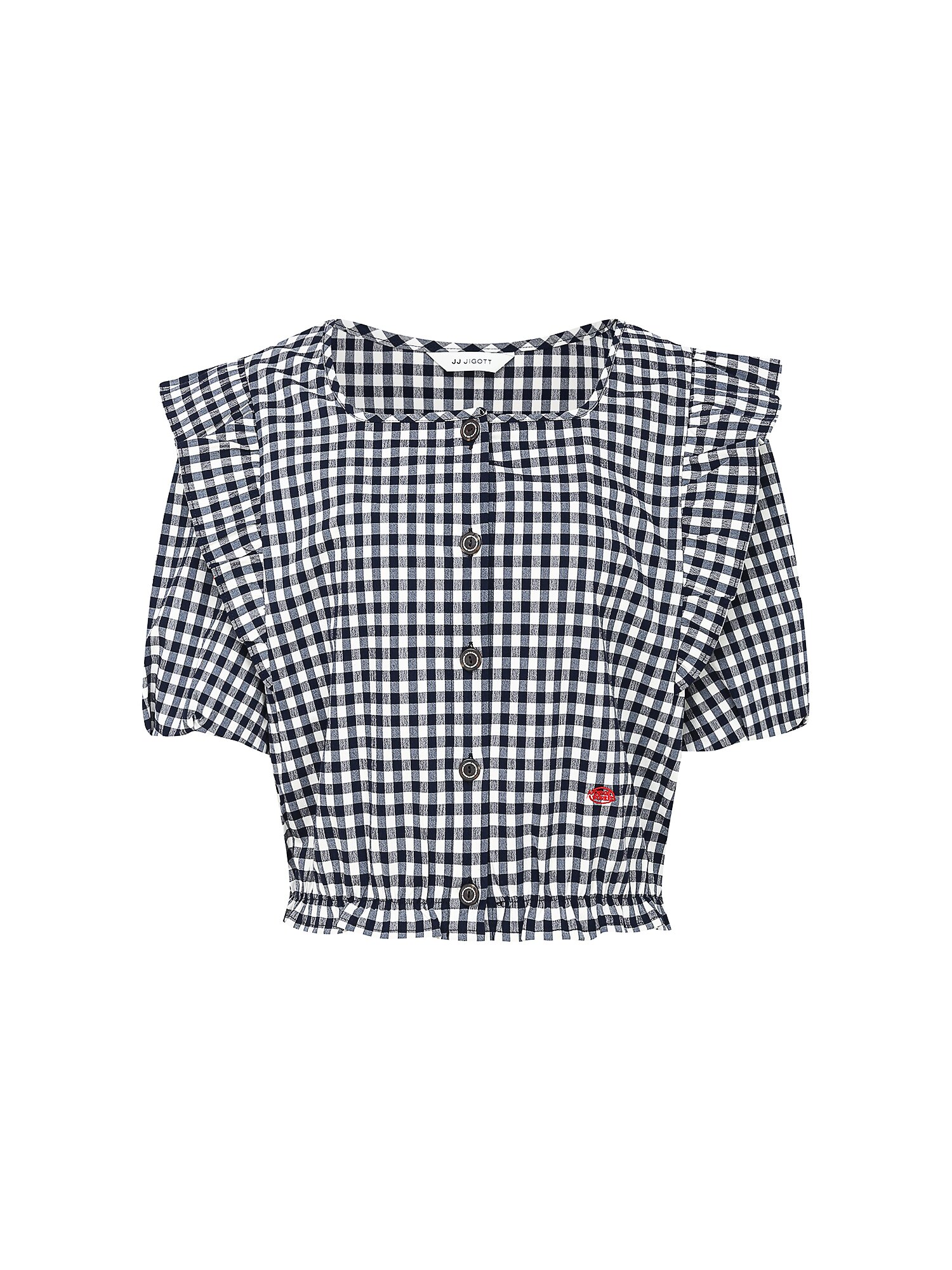 러플 스퀘어넥 크롭 블라우스 (CHECK NAVY)