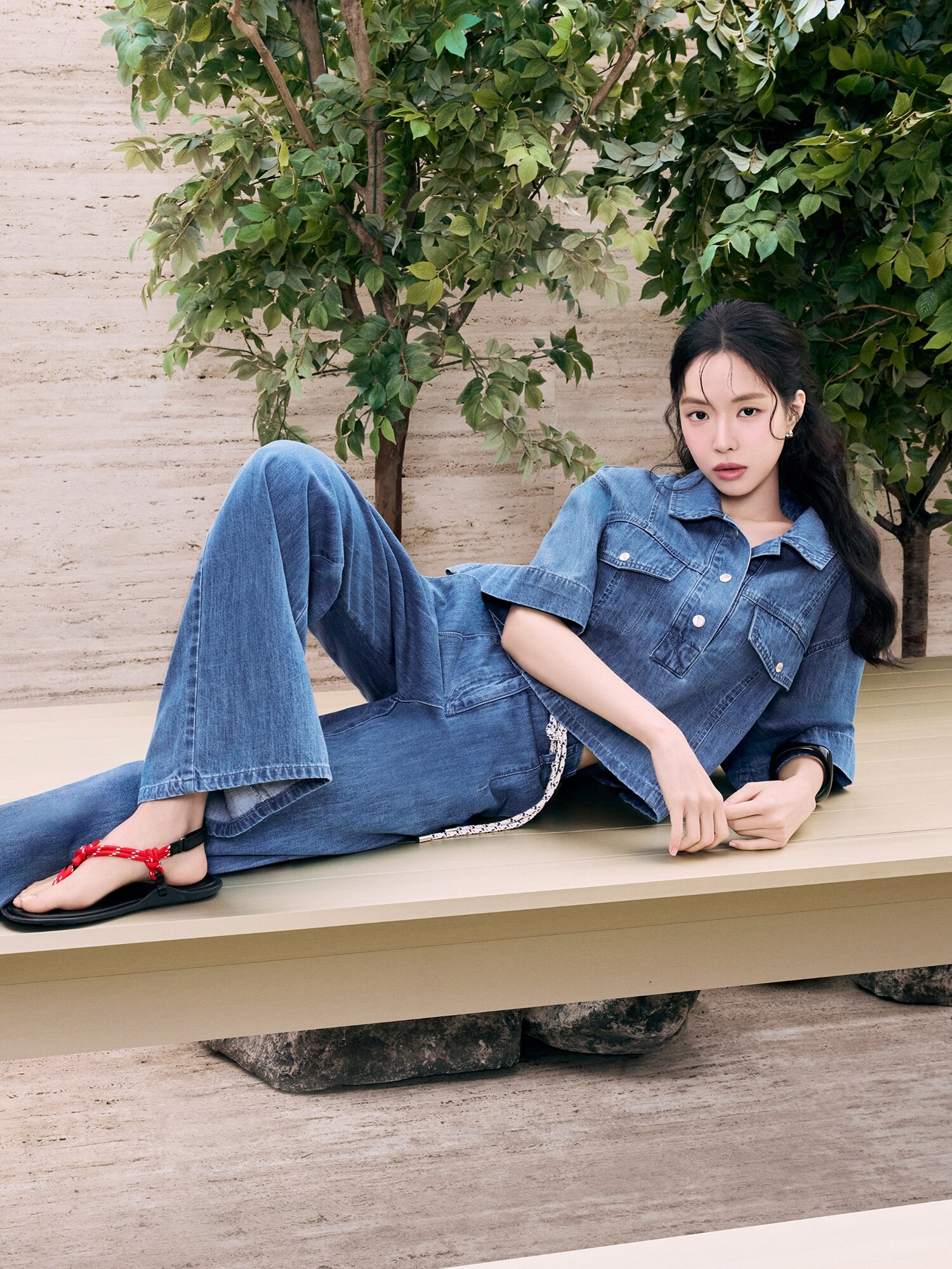 백 밴딩 와이드 데님 팬츠 (BLUE)