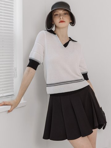 컬러 블록 카라 와플 반팔 니트 (2colors)