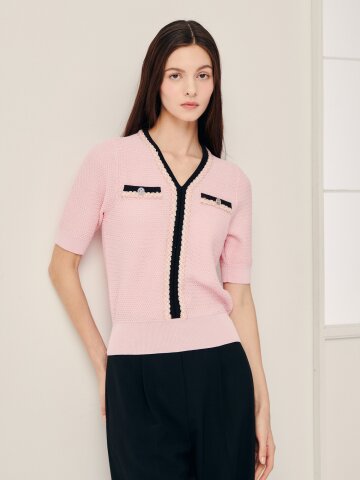 배색 브레이드 브이넥 풀오버 니트 