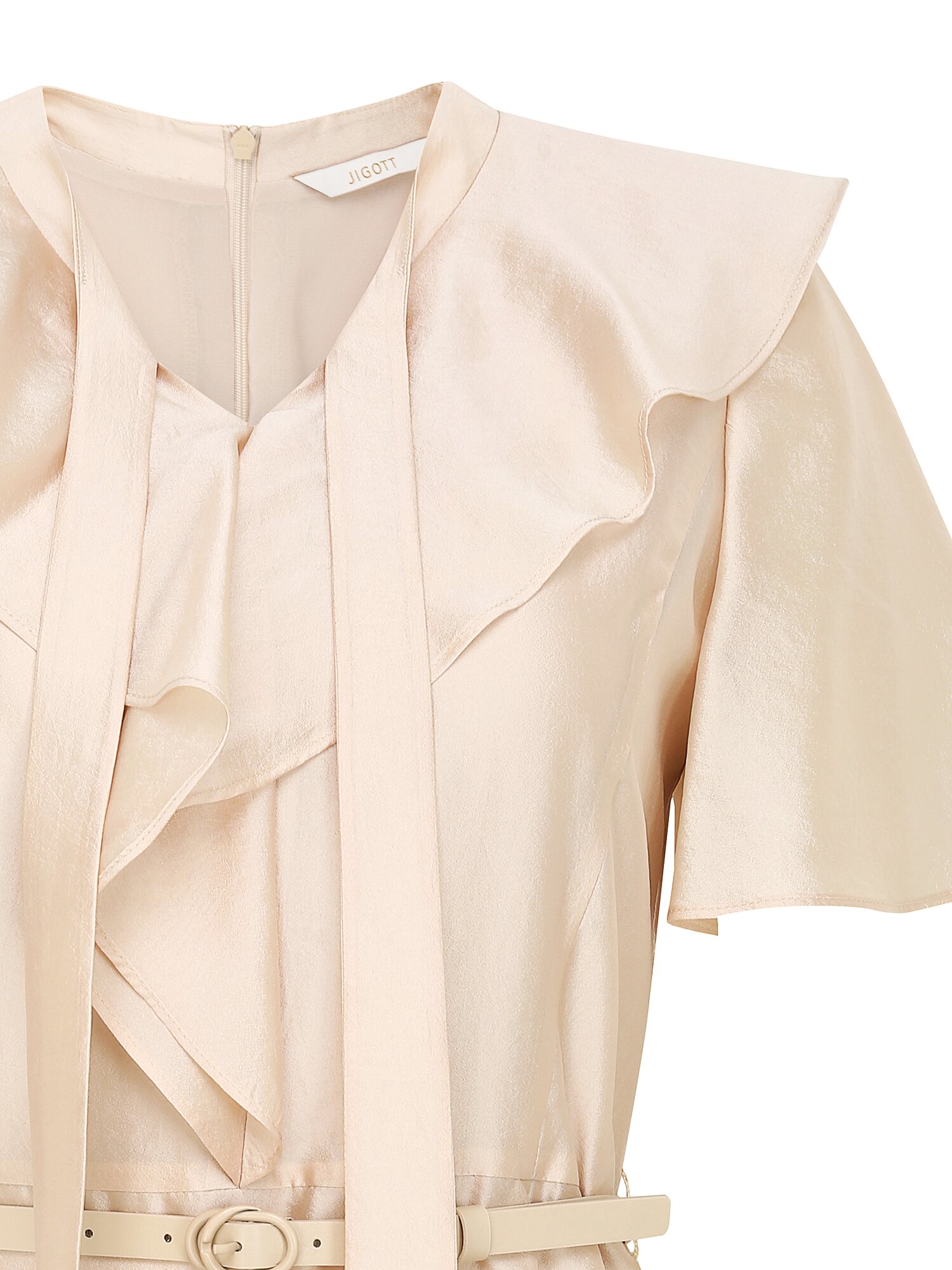 오간자 드레이프 러플 칼라 원피스 (BEIGE)