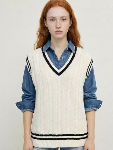 Preppy Cable Cotton 100 V-neck Vest_Black Ivory