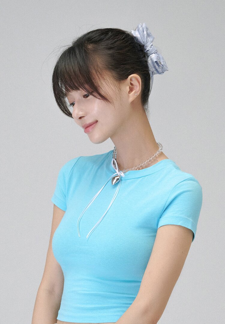 체크 시폰 리본 집게핀 (라이트블루)