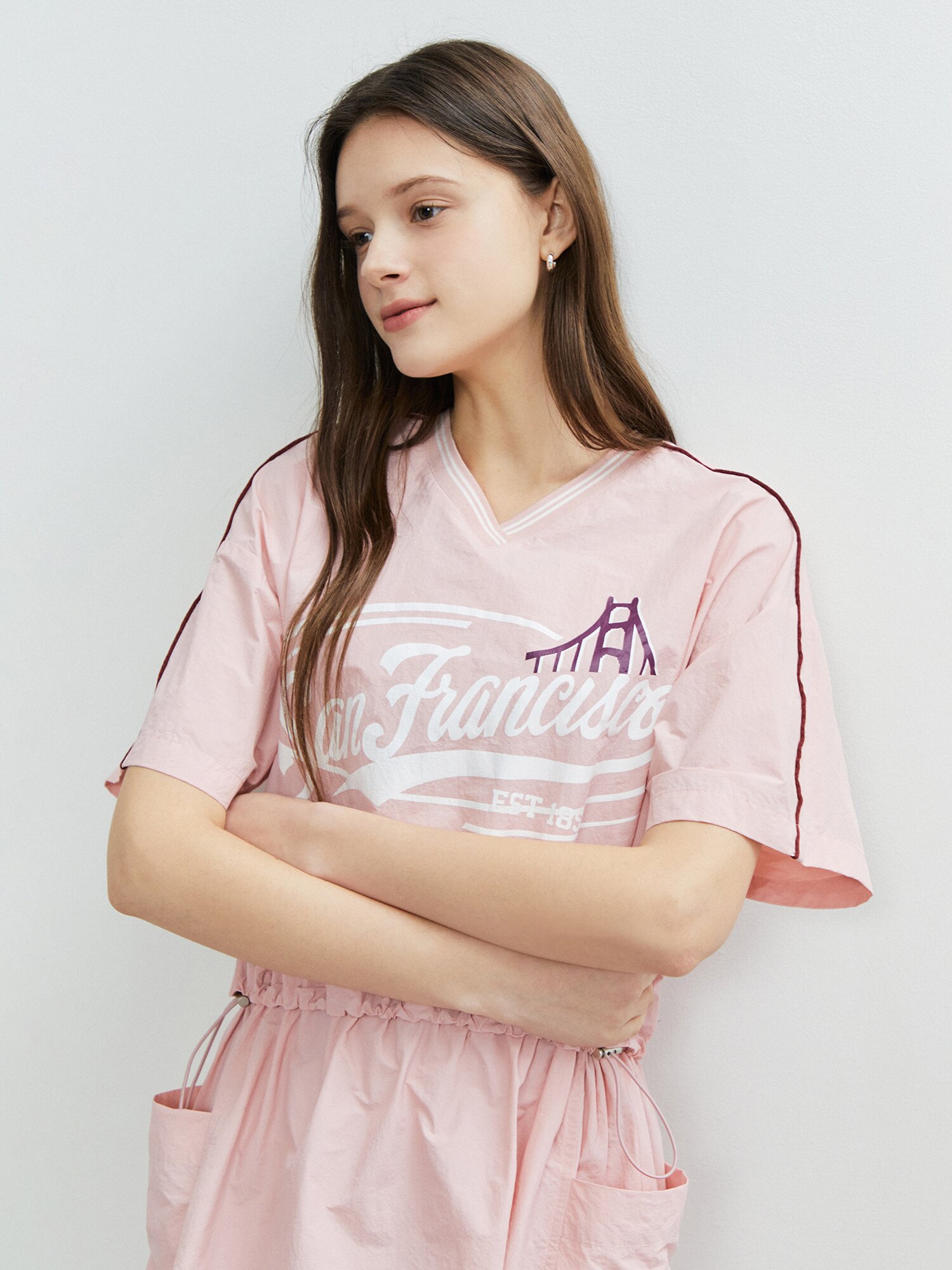 레터링 스트링 브이넥 원피스 (PINK)