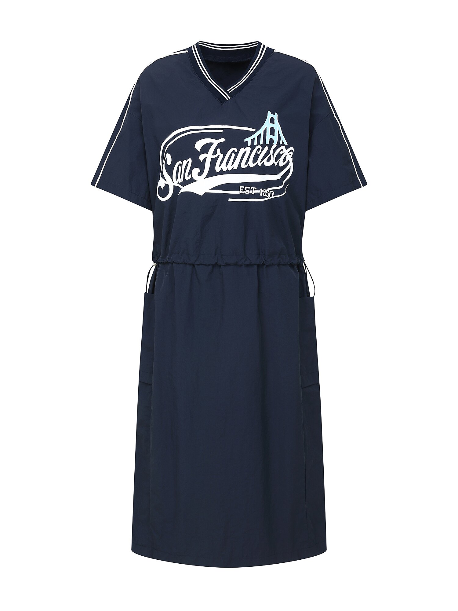 레터링 스트링 브이넥 원피스 (DARK NAVY)