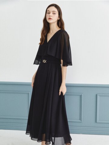 러플 케이프 브이넥 플레어 원피스 