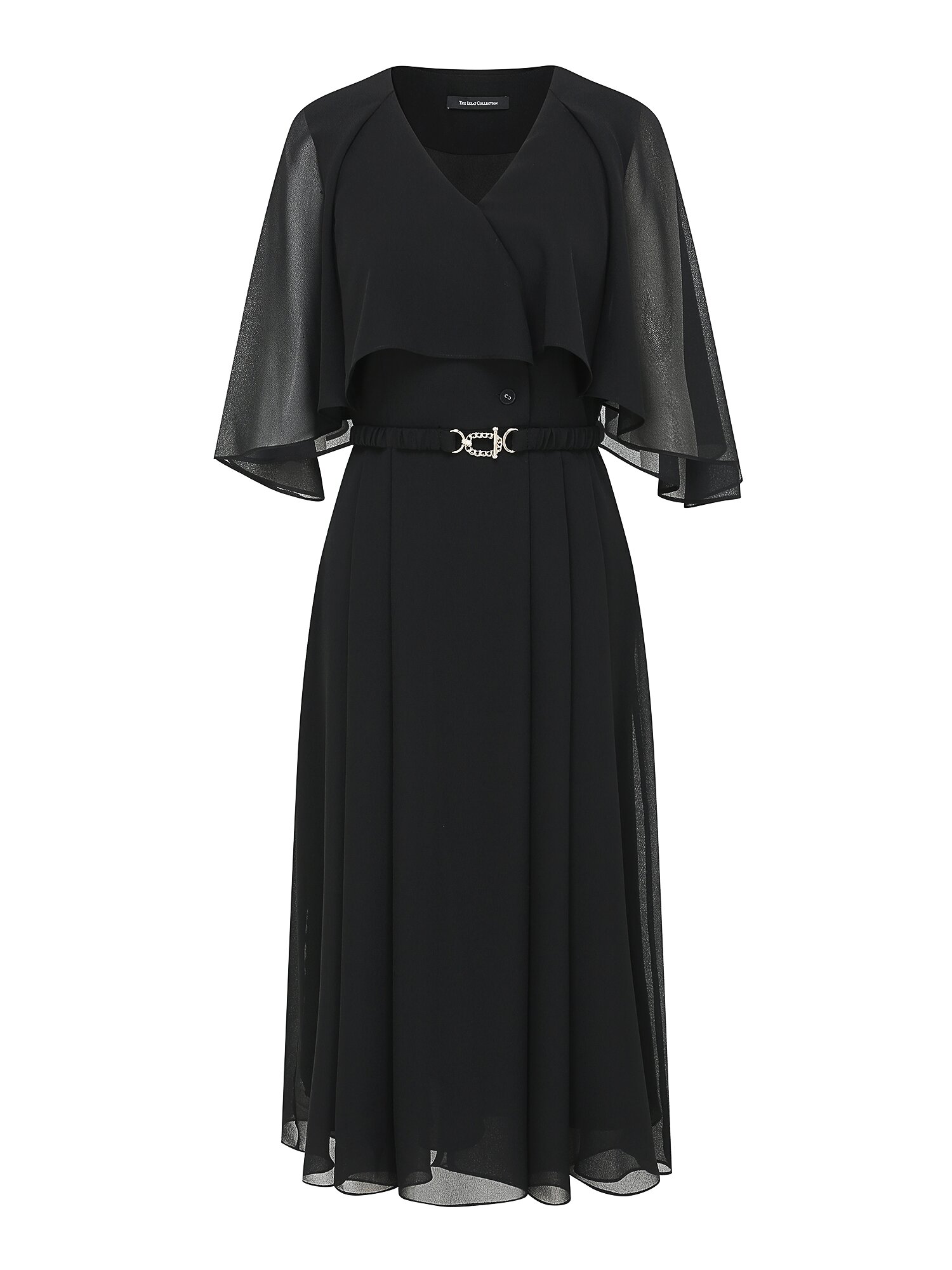 러플 케이프 브이넥 플레어 원피스 (BLACK)