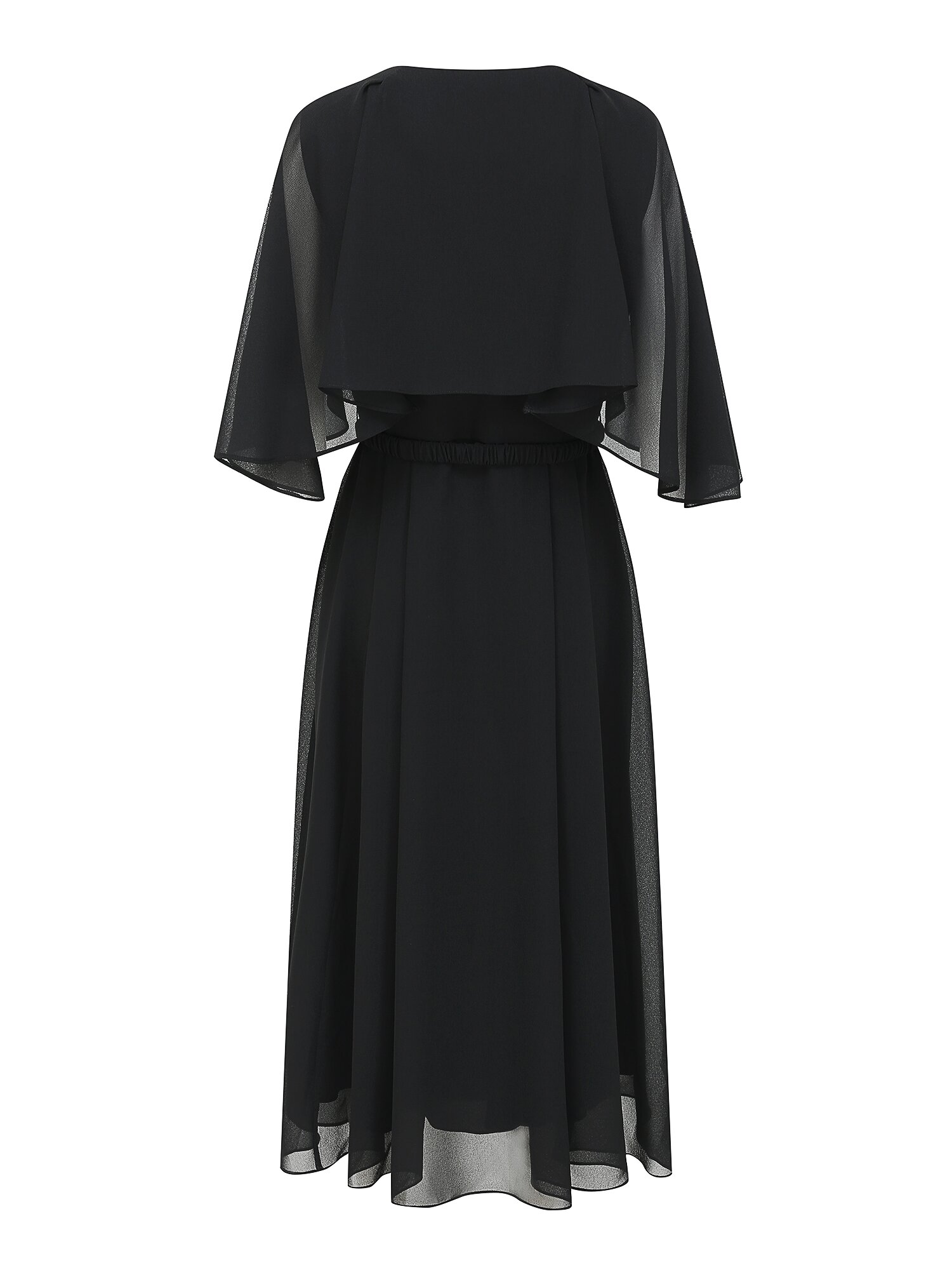 러플 케이프 브이넥 플레어 원피스 (BLACK)