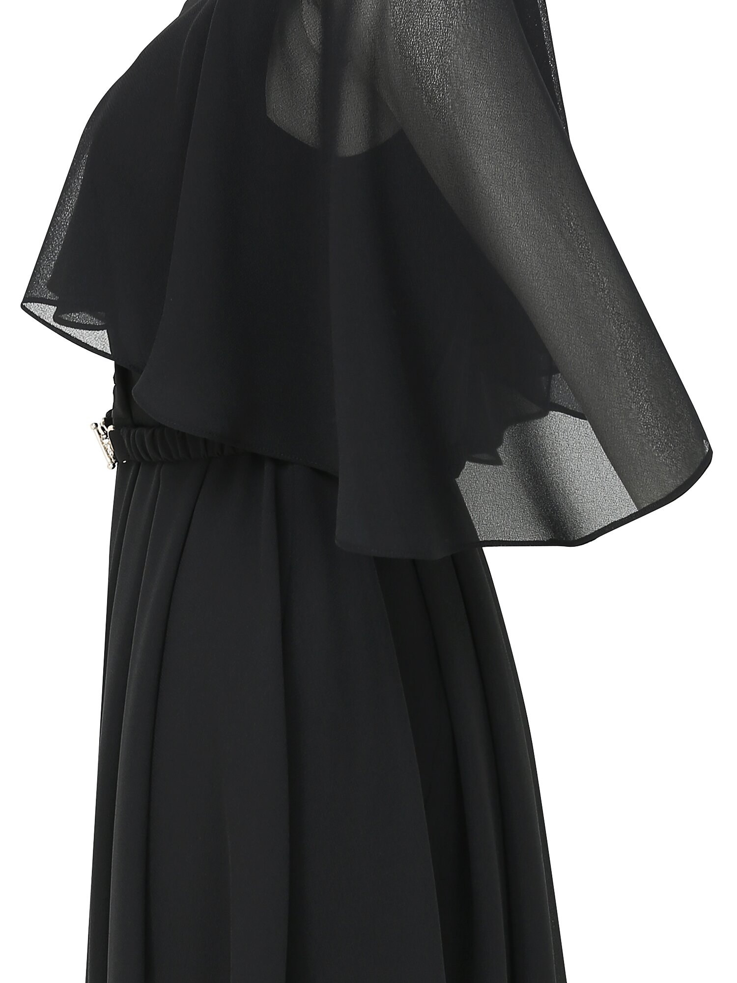 러플 케이프 브이넥 플레어 원피스 (BLACK)