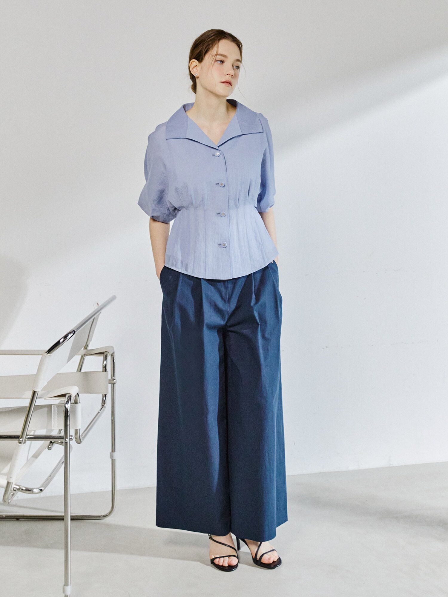린넨 벨티드 투턱 와이드 팬츠 (NAVY)