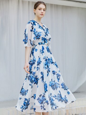 러플 케이프 브이넥 플레어 원피스 