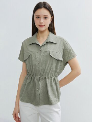 스트링 오픈 칼라 블라우스 