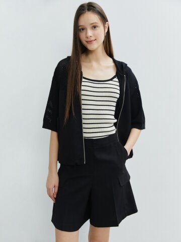 펀칭 니트 후드 스트링 점퍼 