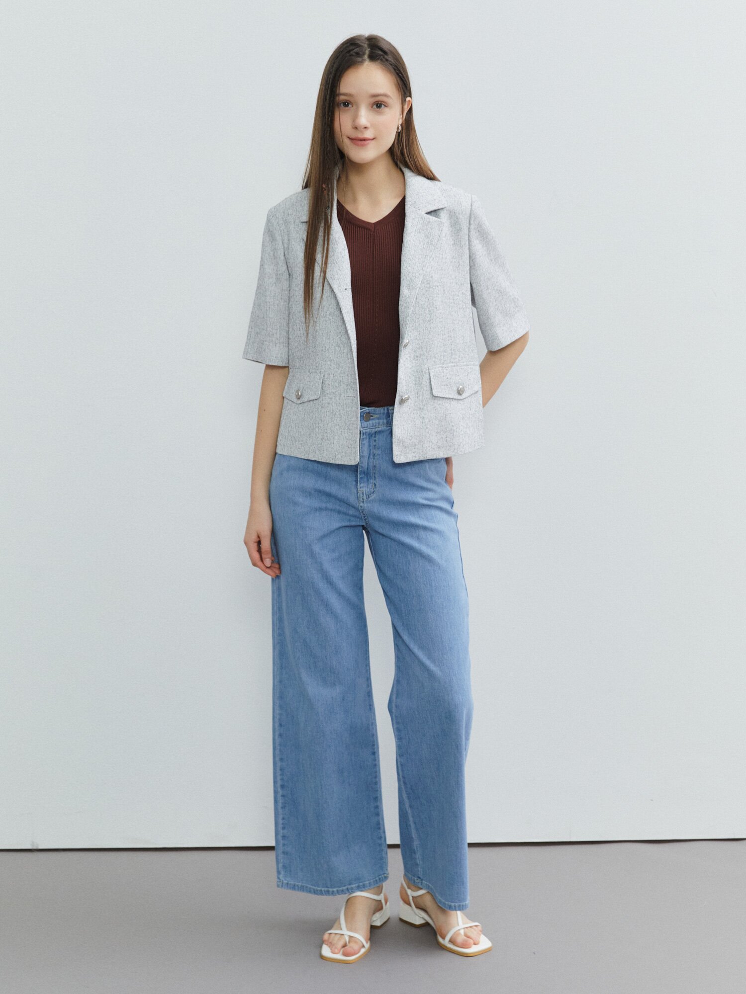 트위드 오픈 칼라 싱글 재킷 (WHITE)