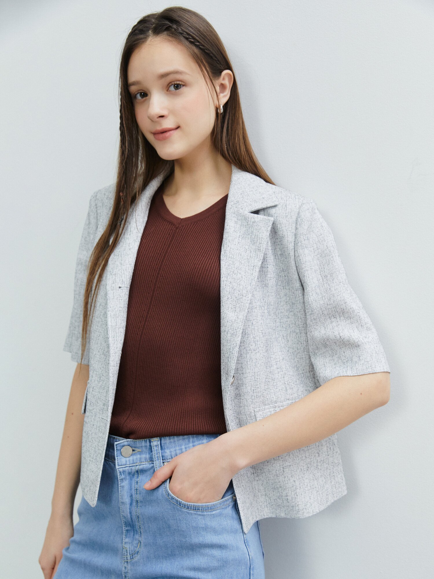 트위드 오픈 칼라 싱글 재킷 (WHITE)