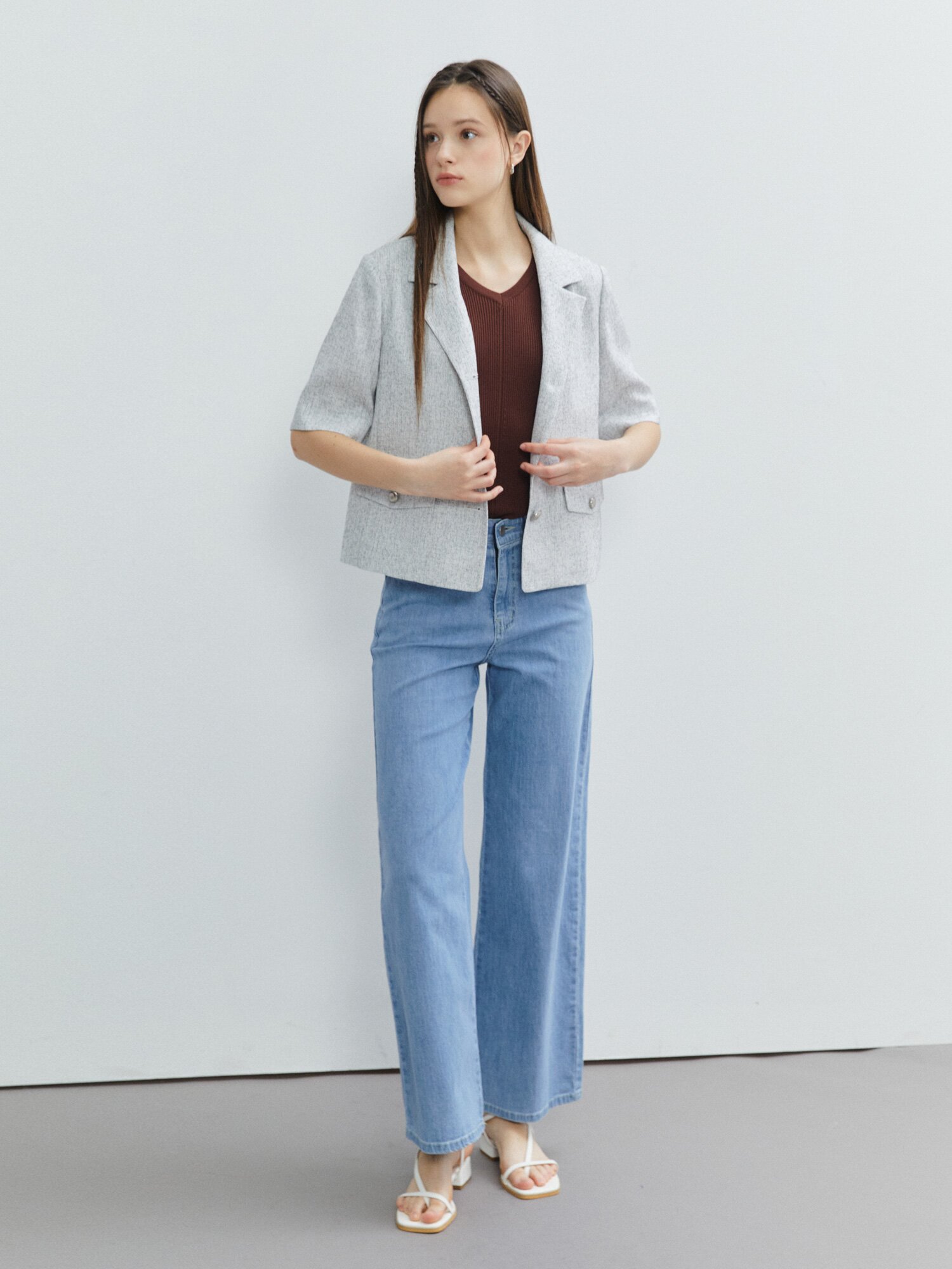 트위드 오픈 칼라 싱글 재킷 (WHITE)