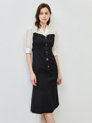 슬림핏 버튼업 배색 원피스 