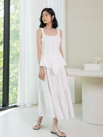 LS_Striped pleated skirt_WHITE