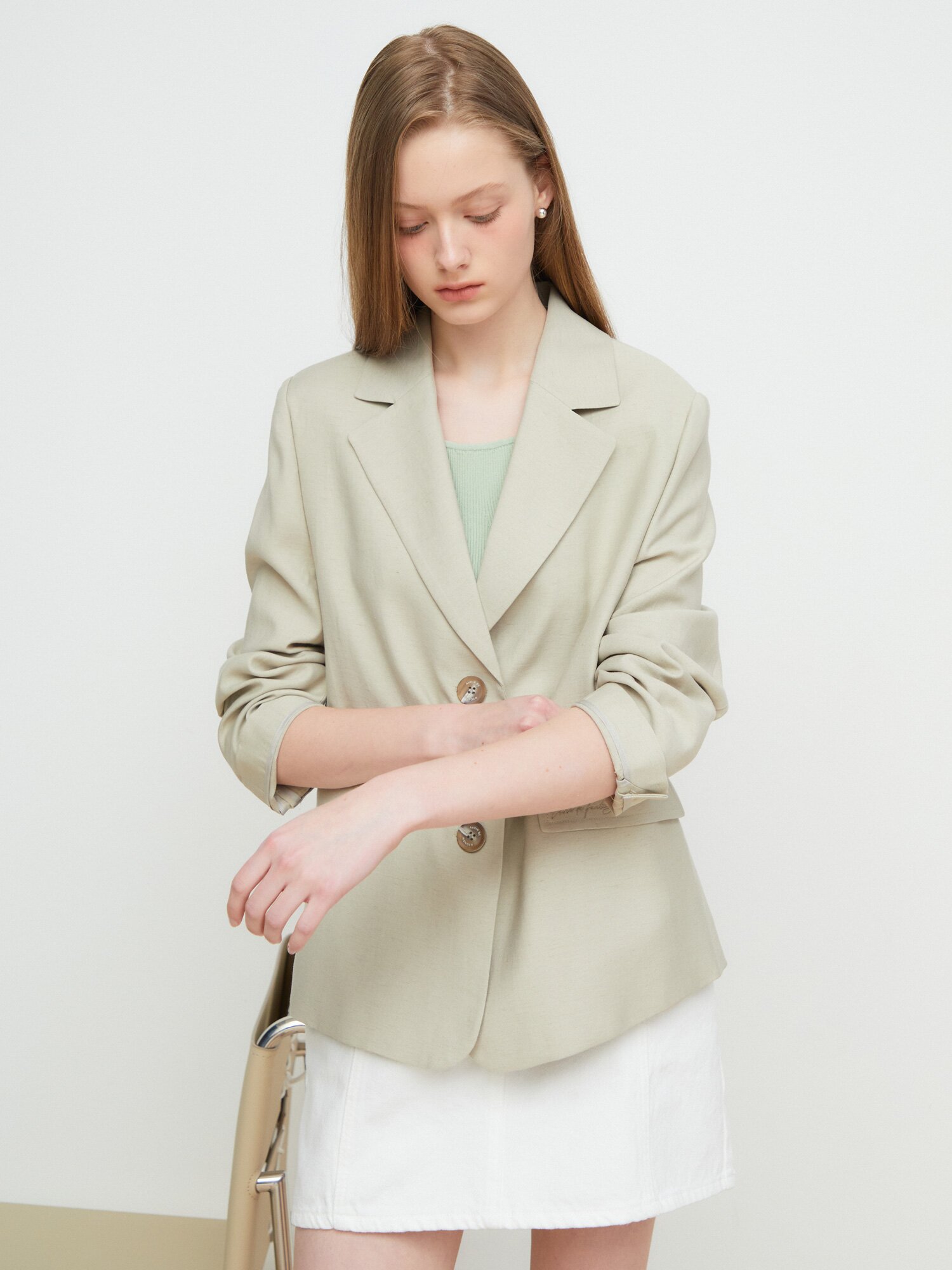 린넨 자수 포켓 싱글 투버튼 재킷 (LIGHT BEIGE)