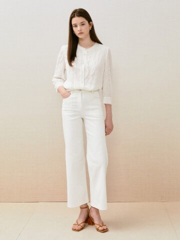 자수 포켓 백 밴딩 와이드 데님 팬츠 