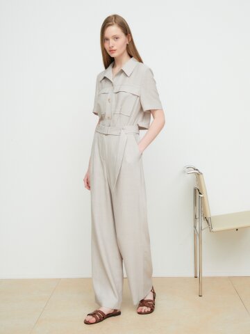 린넨 백 플랩 밴딩 점프 수트 