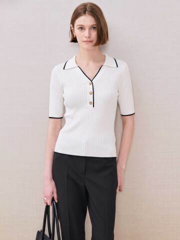 배색 버튼 브이 칼라 풀오버 니트 