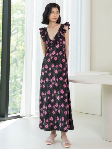 LS_V-neck floral dress_BLACK