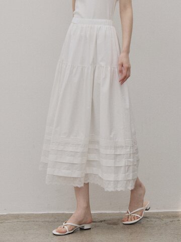 COTTON TEARD LONG PLEATED SKIRT IVORY